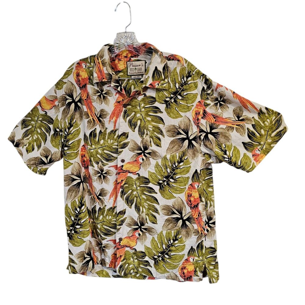 Pusser’s 100% Silk Hawaiian Parrot Leaf Tree Button Up Short Sleeve Shirt Size M